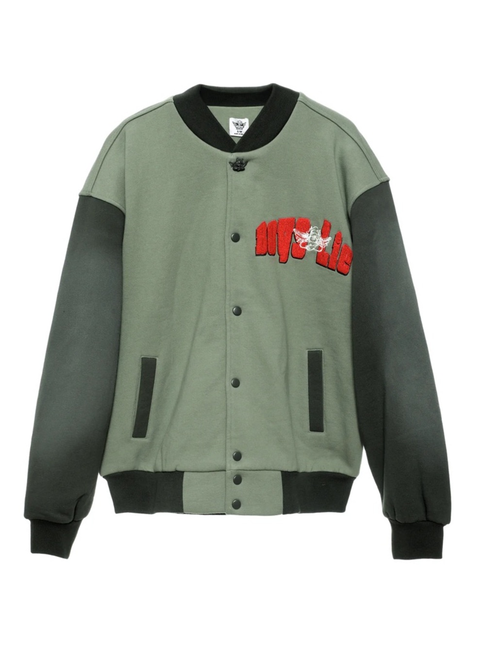Boys Lie Olive Green and Dark Green Varsity Jacket with Red Embroidered Logo